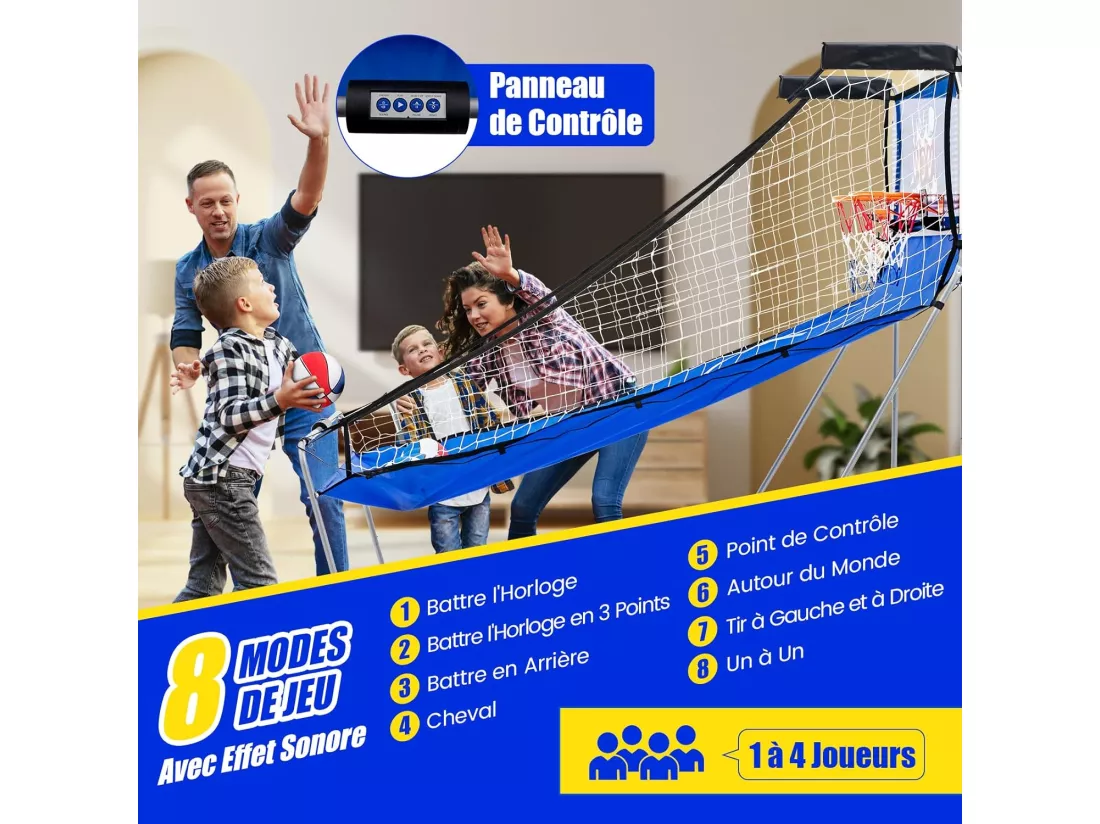 Panier de Basketball Pliable à Double Tir 4 Balles Pompe de Gonflage, Jeu de Basketball Arcade pour 1 à 4 Joueurs avec Système de Pointage, 8 Modes de Jeux pour Enfants Adultes (Bleu+Blanc)