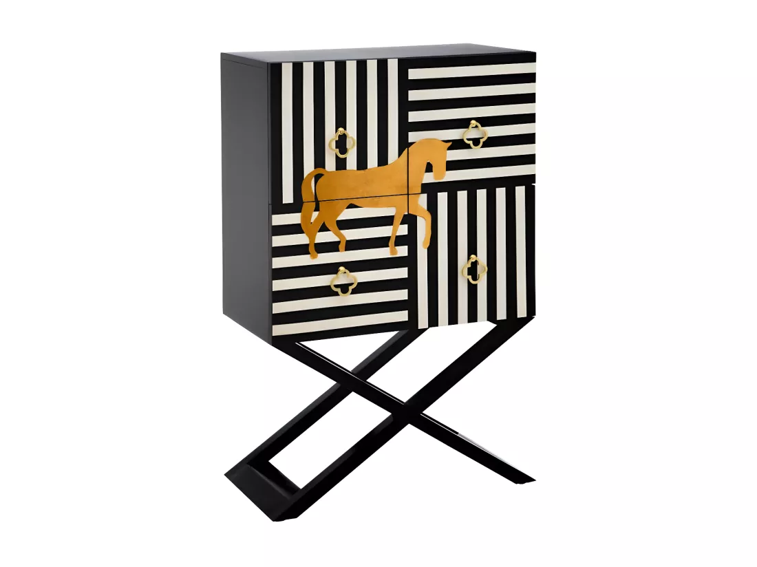 Armoire de salon 4 portes Cheval Noir & Blanc/Bois - GENNA