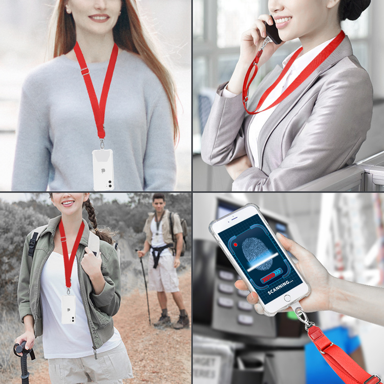 (110cm) Universal Necklace Handykette Verstellbares Umhängeband für Schutzhülle   2x Selbstklebende Einlagen - Rot / Transparent