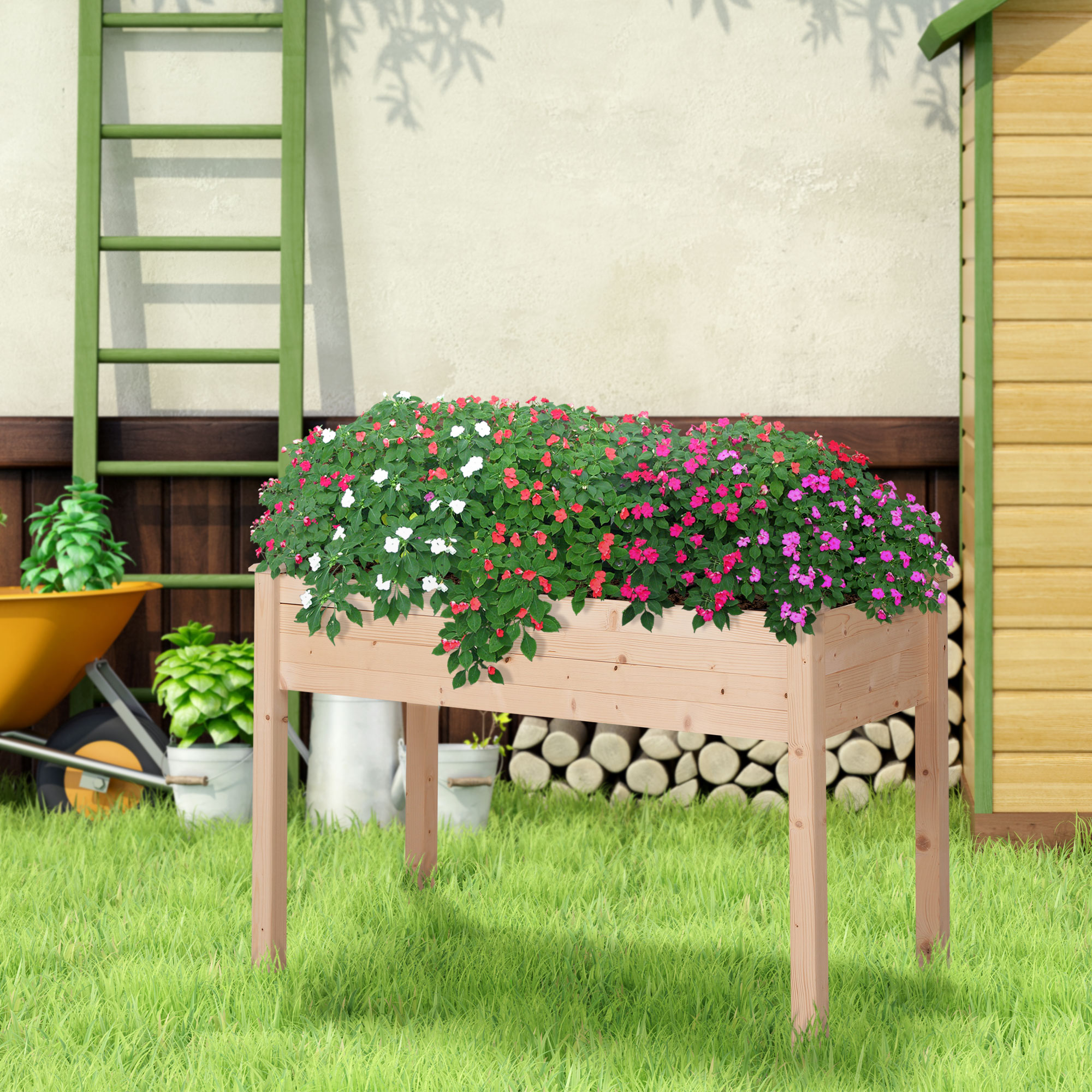 Horta urbana elevada de madeira Outsunny, 122,5 x 56,5 x 76 cm, com mesa de plantio elevada, tecido não tecido e 4 orifícios de drenagem para o cultivo de plantas e flores.