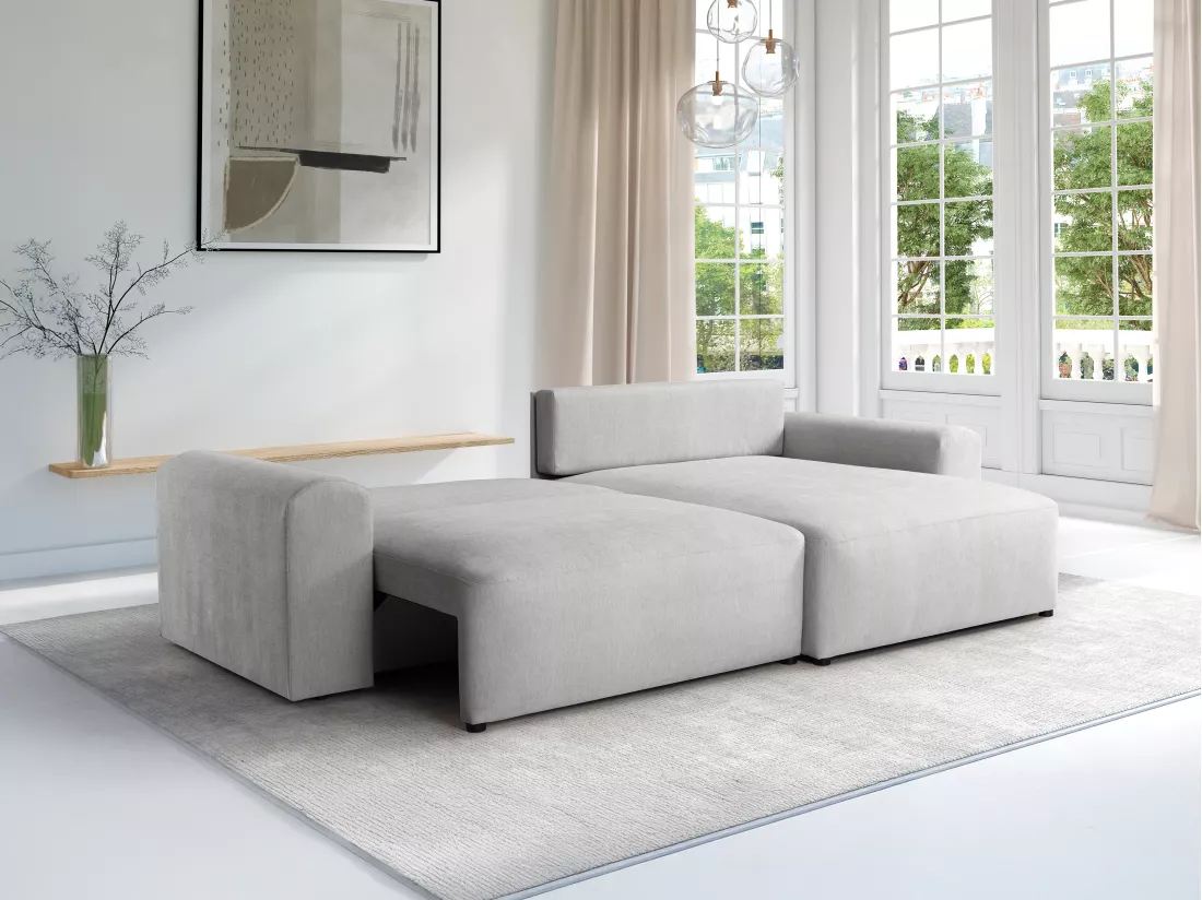 Canapé d'angle convertible et réversible en tissu gris clair ILANOR