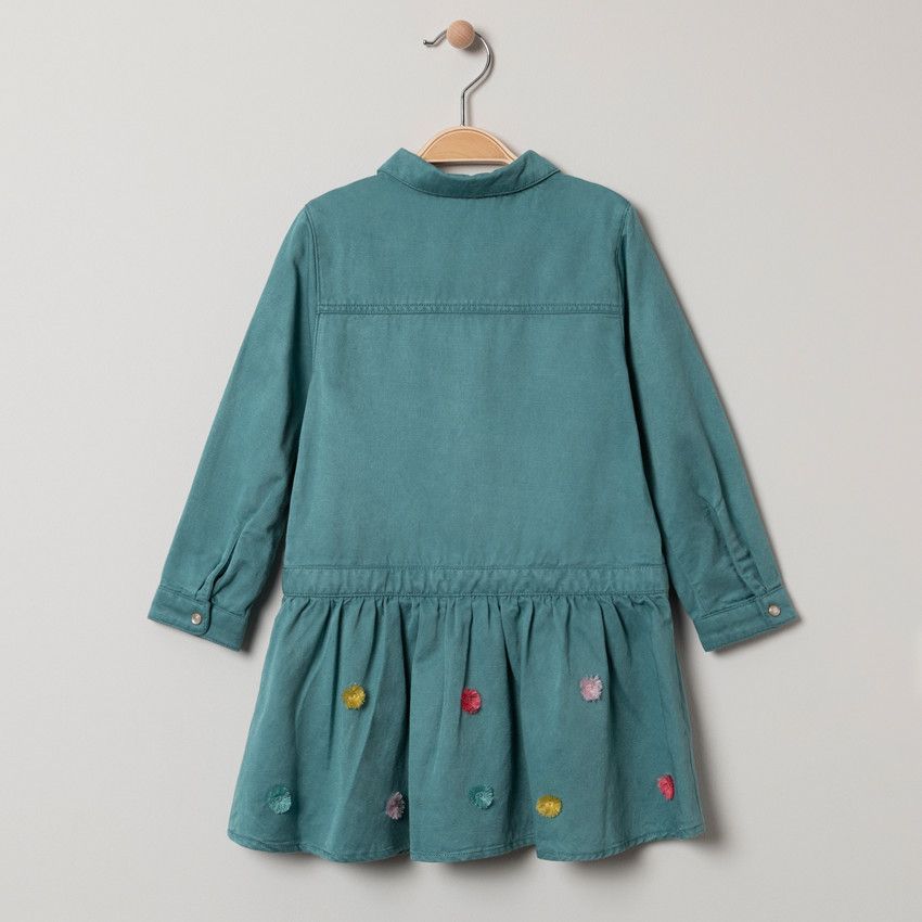 Robe manches longues forme chemise à pompons colorés - Bleu