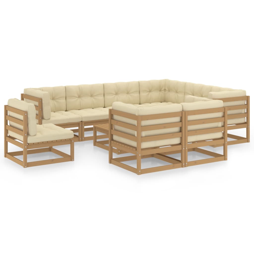 Salon de jardin meuble d'extérieur ensemble de mobilier 10 pièces avec coussins marron miel bois de pin