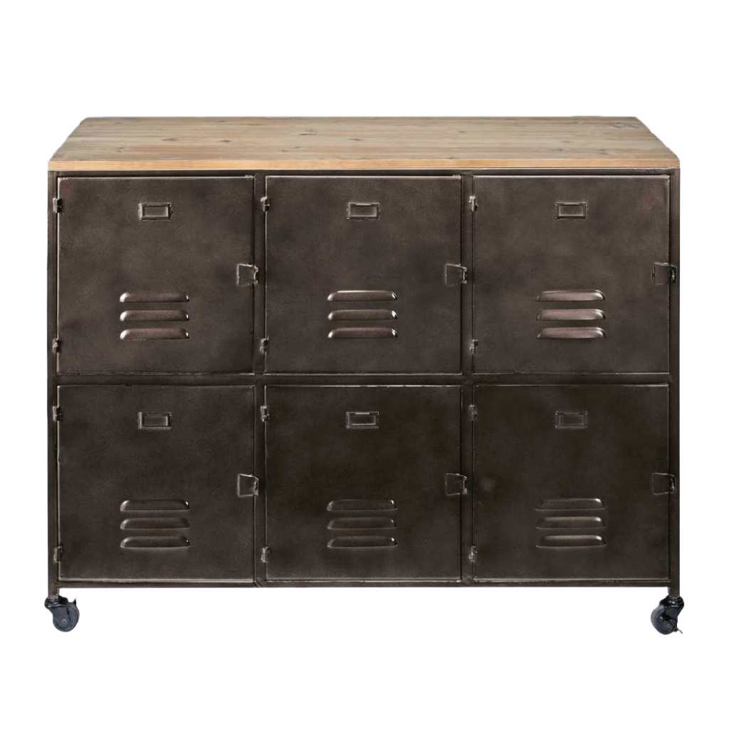 Buffet industriel vintage — 6 portes métal avec roulettes — plateau bois massif — style atelier / loft — meuble de rangement design