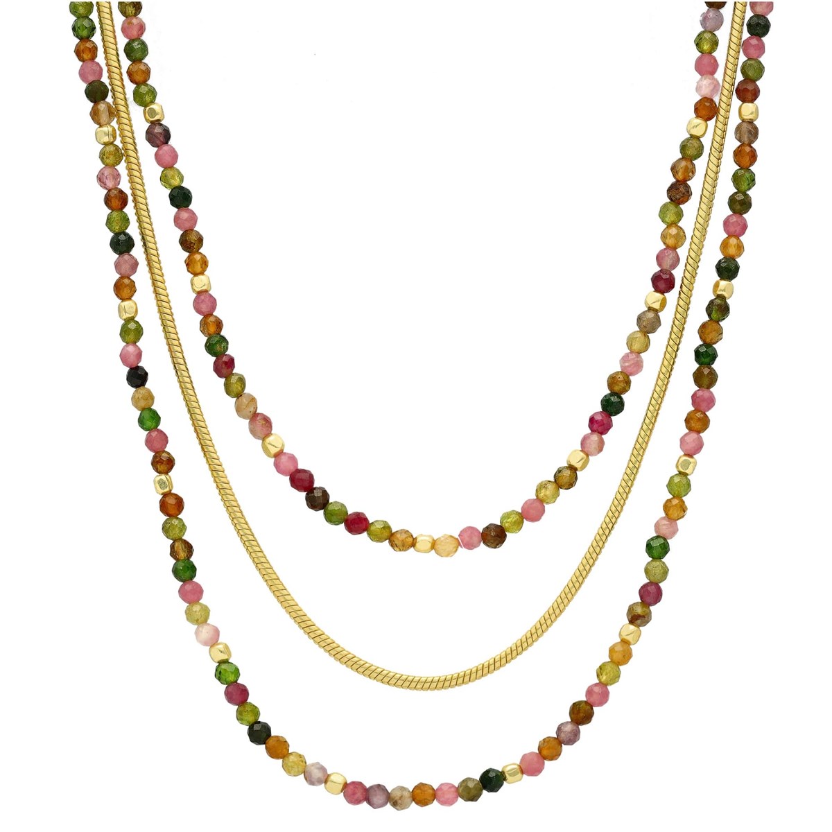 Collier Argent Triples Chaines Doré Et Perles Multi-tourmaline