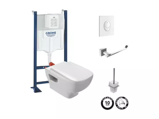 Pack WC suspendu sans bride JACOB DELAFON Struktura + Bati-support GROHE + plaque Start blanc + porte-balai + porte-rouleau carré