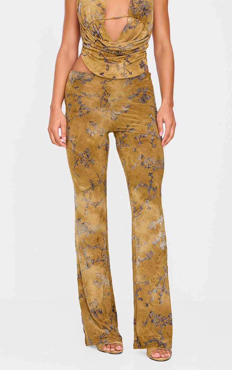 Vert Olive Pantalon Évasé Slim À Imprimé Floral Dévoré