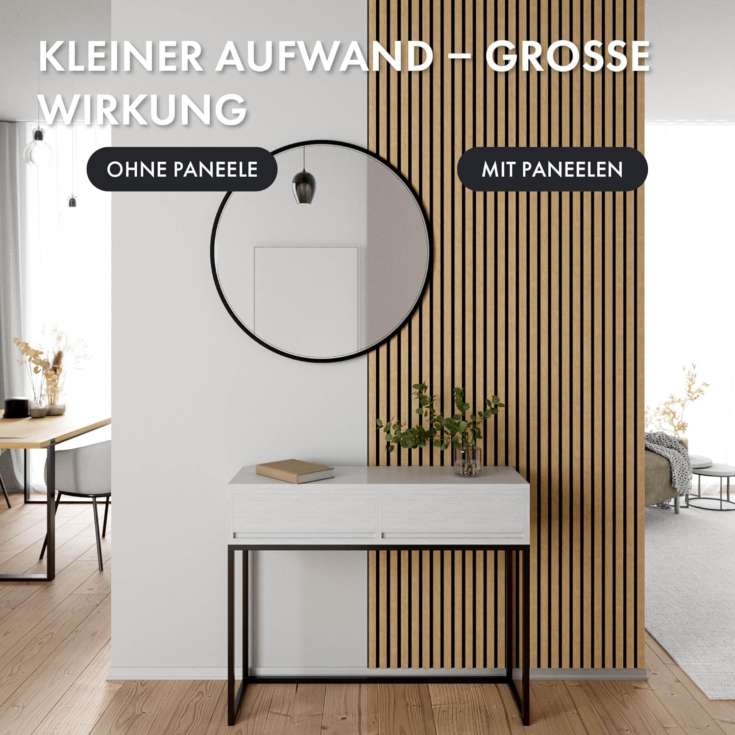 Momento 5 Stück Akustikpaneele Holz 240x50 cm - Made in Germany - Eiche Natur - Wandverkleidung Innen Wandpaneele Holzoptik - 3D Lamellenwand Paneele - Akustik Holzpaneele Wand Holzverkleidung Panel