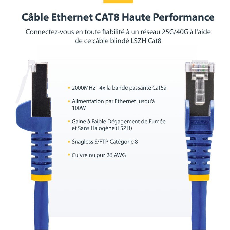 StarTech.com Câble Ethernet CAT8 Bleu de 2m, RJ45 Snagless, 25G/40G, 2000MHz, 100W PoE++, S/FTP, Fil de Cuivre Pur 26AWG, LSZH, Cordon de Raccordement Réseau Blindé avec Serre-Câble, Testé par Fluke Channel