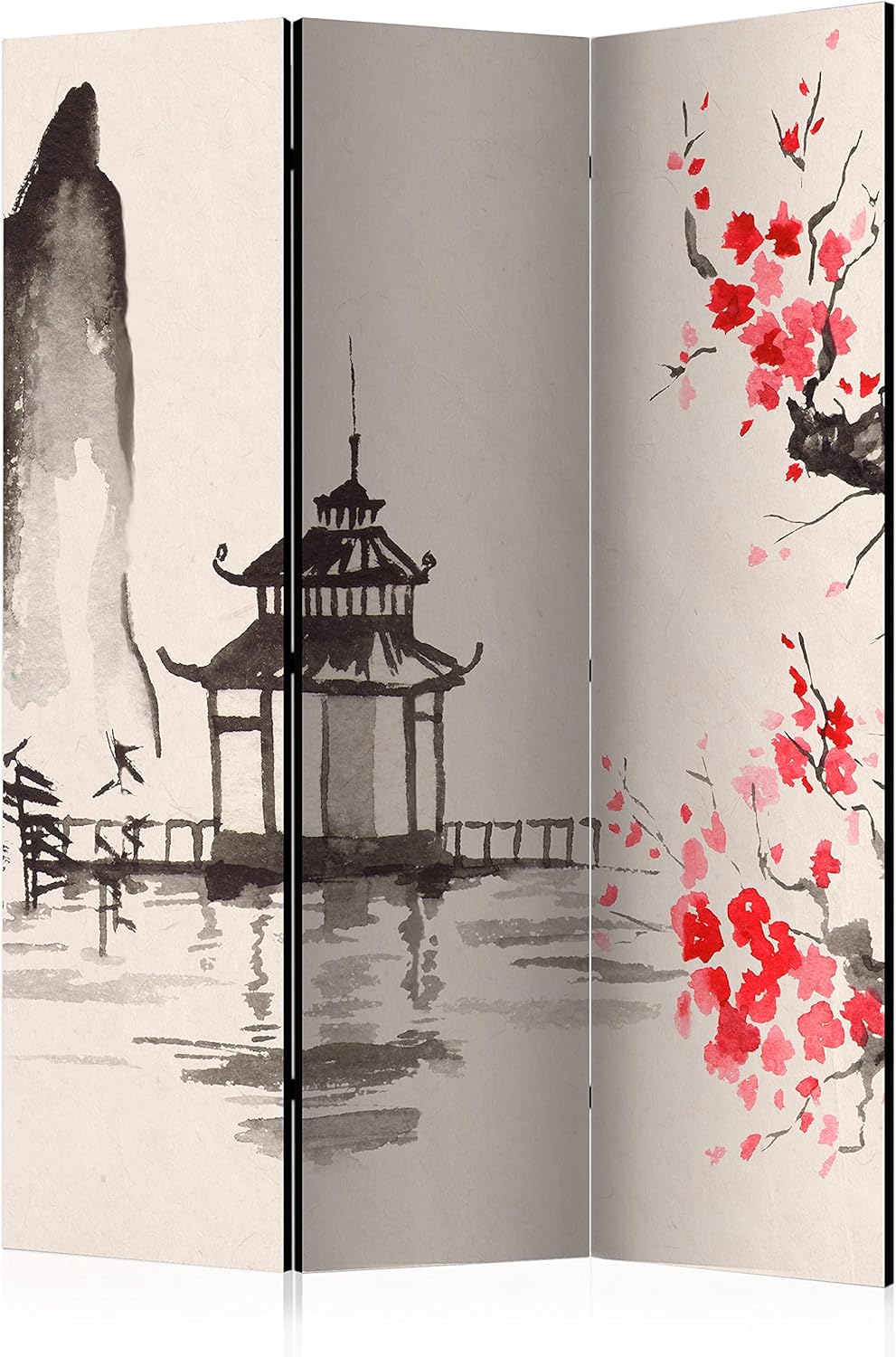 murando Raumteiler Foto Paravent japanische Landschaft 135x172 cm beidseitig auf Vlies-Leinwand Bedruckt Trennwand Spanische Wand Sichtschutz Raumtrenner Kirschbaum Kirschblüte Tempel p-B-0059-z-b