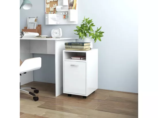 Armoire latérale avec roues Blanc brillant Bois d'ingénierie