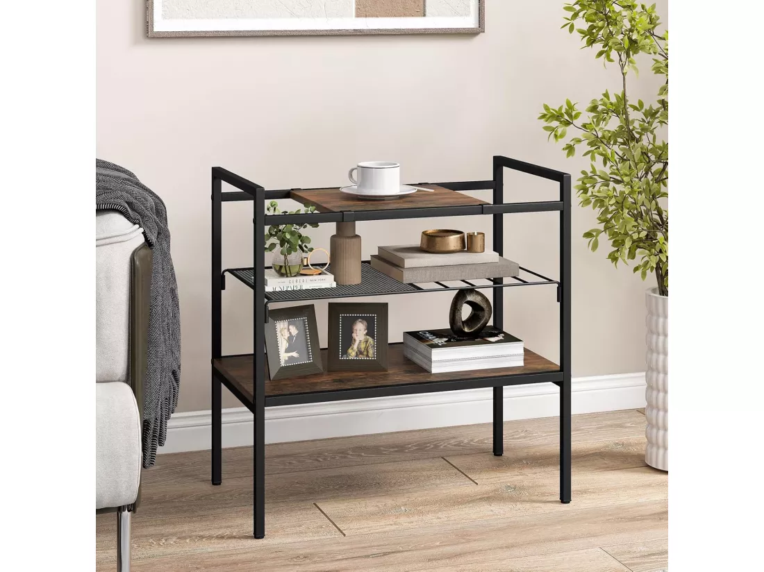 Table d'appoint, 3 niveaux, cadre en métal, étagère en maille, 60 x 33,5 x 61 cm