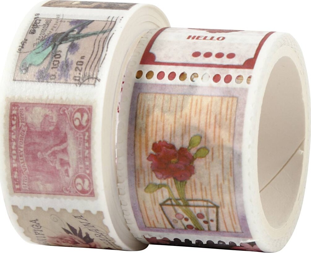 Masking Tape - Frimærke- Og Blomstermotiver - L 3+5 M - B 20+25 MM - 2 Ruller