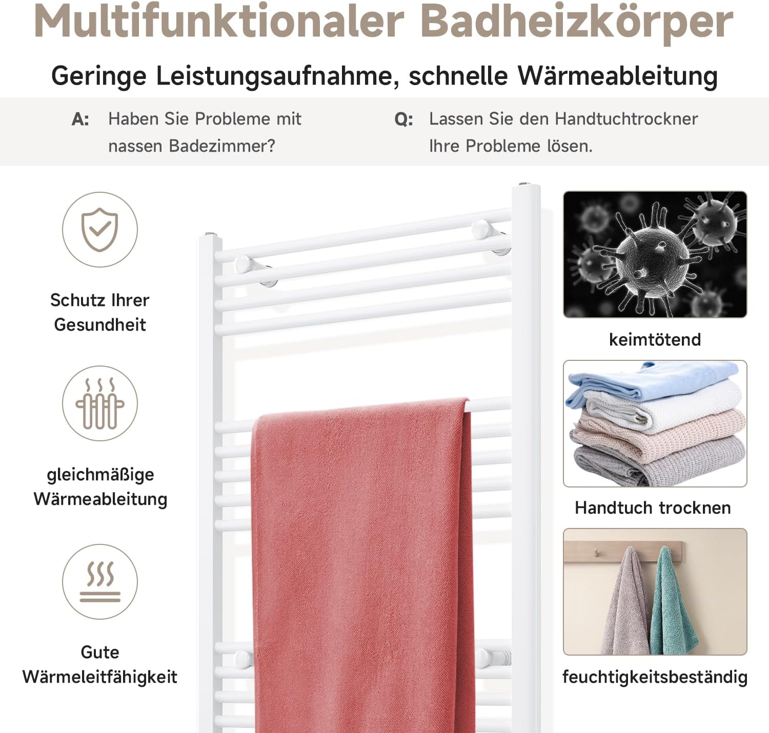 Badheizkörper Elektrisch Weiß 1150x600 mm Handtuchheizkörper Elektrisch mit Mini-Thermostat Auswählbar Panel Handtuchhalter Wasser Mittelanschluss 600 Watt