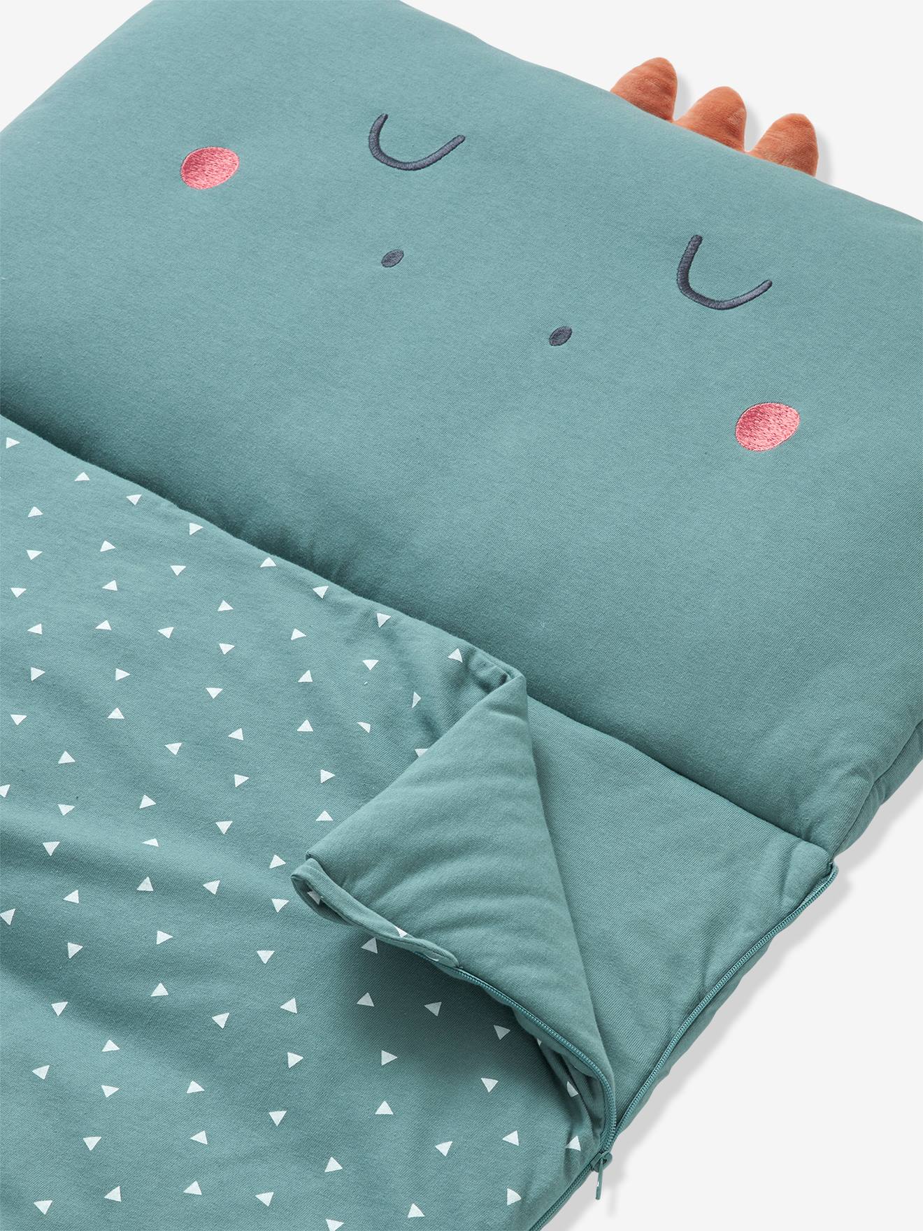 Saco de dormir com estampa de dragão, tamanho médio verde.