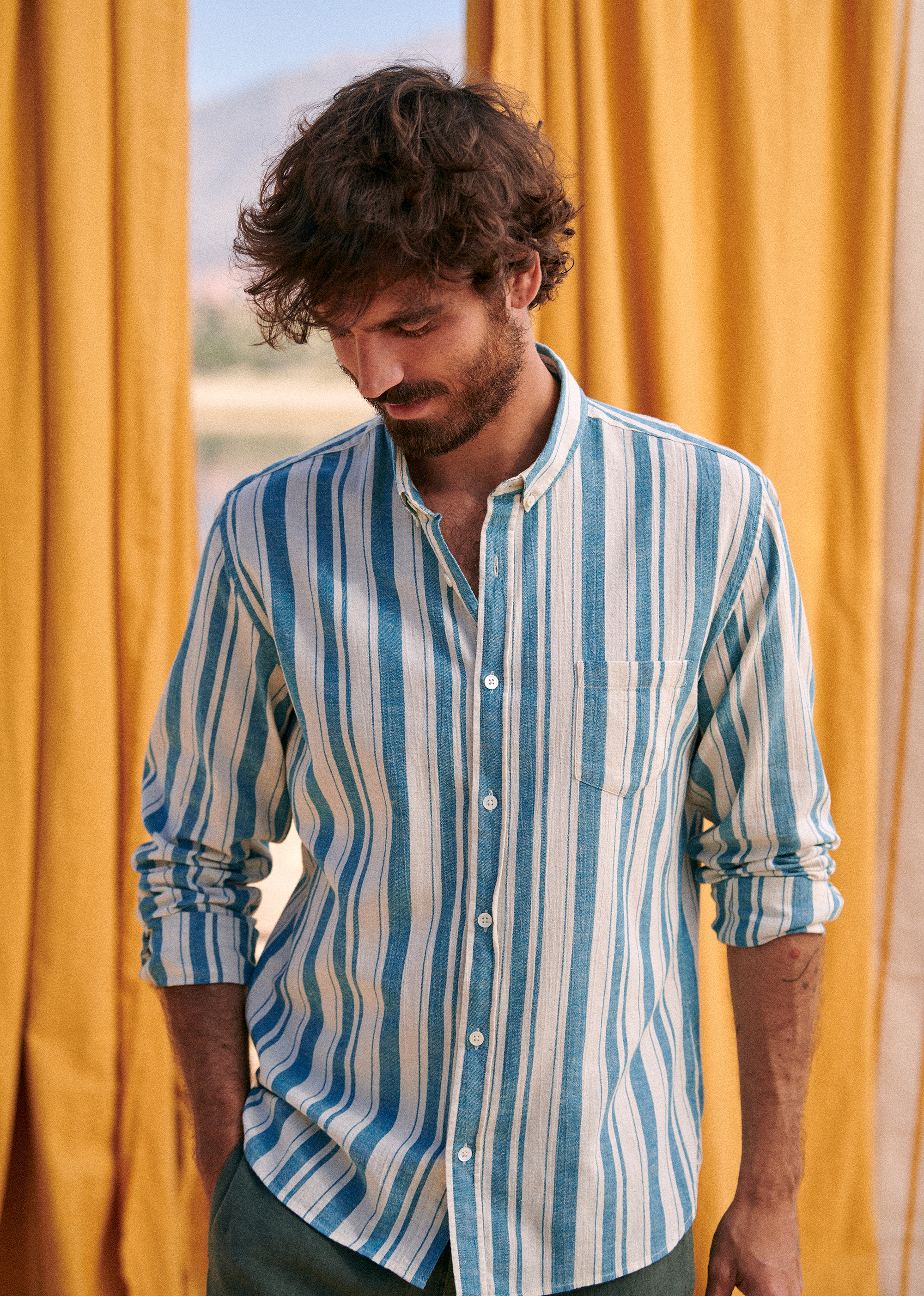 Chemise Charlie Coton Lin - Rayures Écru Turquoise - POUR LUI 5906586