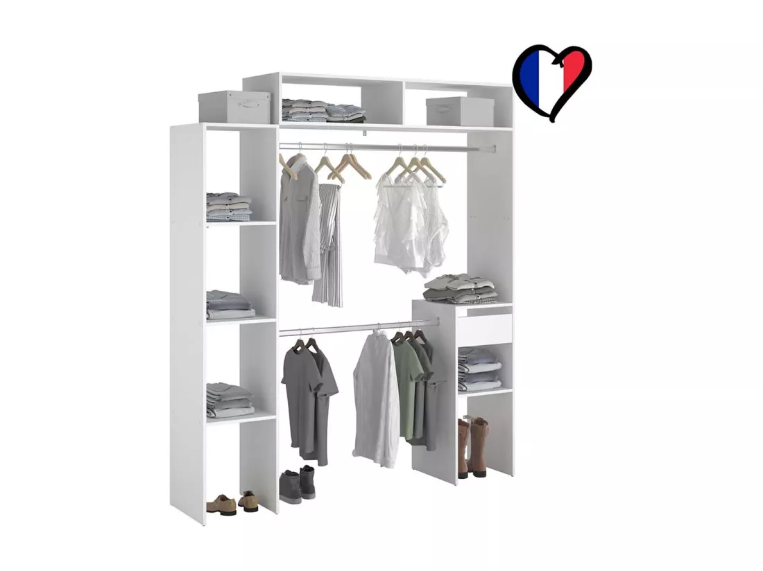Dressing blanc extensible avec étagères, penderies, tiroir ELYSEE
