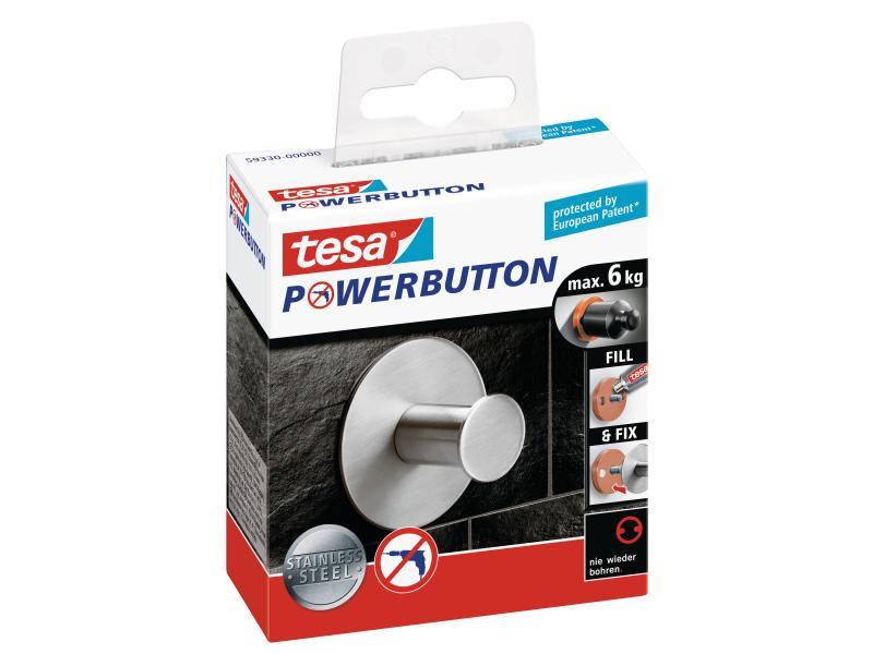 tesa Haken Silber, 6 kg Haken mit Powerbutton-Befestigung, Edelstahl