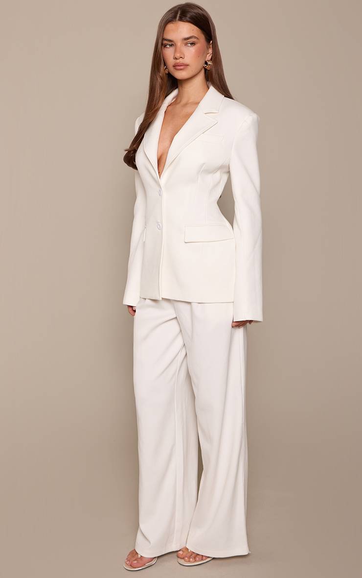 Blanc Pantalon Droit En Tissu Tissé Ajusté Ensemble Coordonné