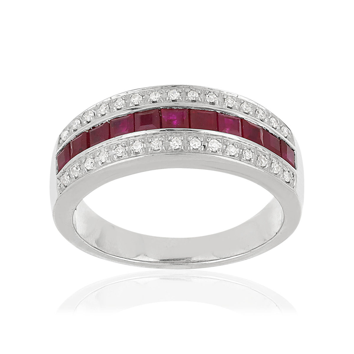 Bague or blanc 750 rubis diamants