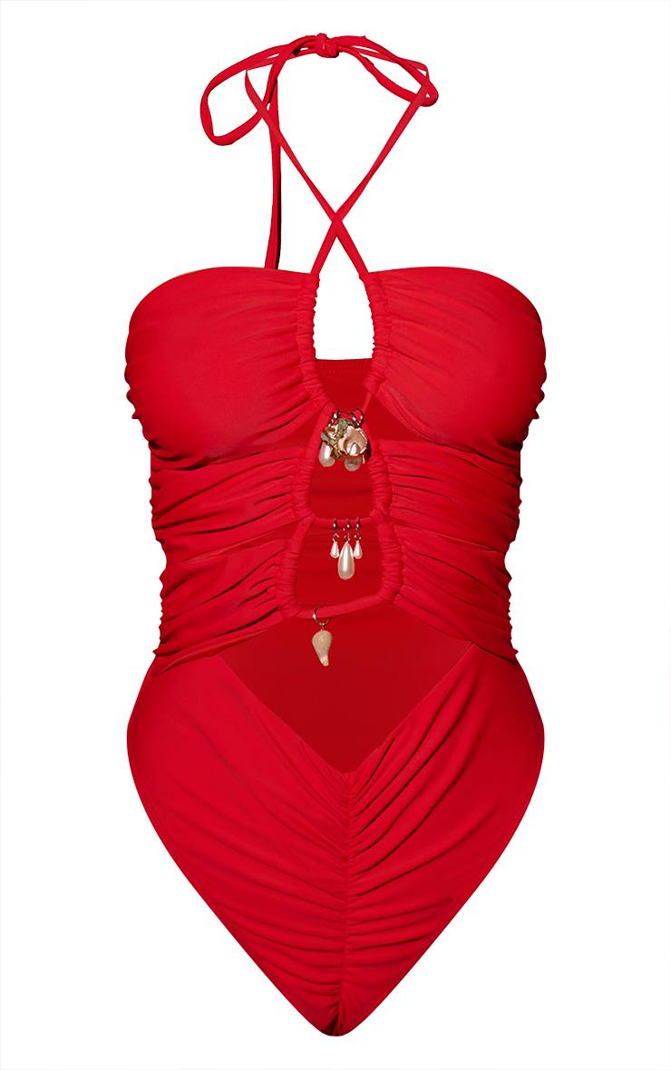 Rouge Maillot De Bain À Découpes Orné De Perles Coquillage