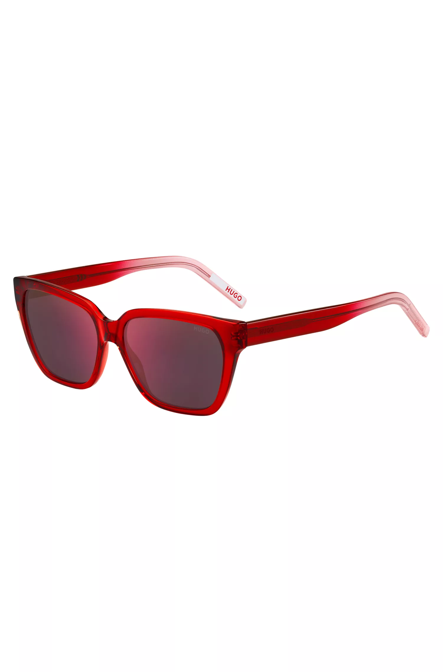 Óculos de sol HUGO em acetato vermelho com hastes degradê.