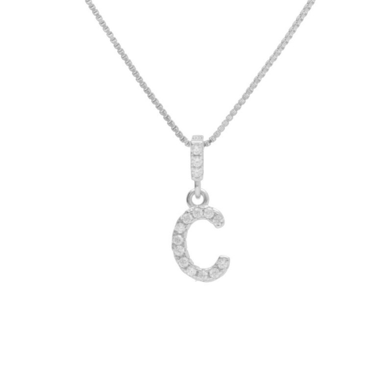 Collier Argent 925/000 Rhodié - Initiale Lettre C Pavée de Zirconiums