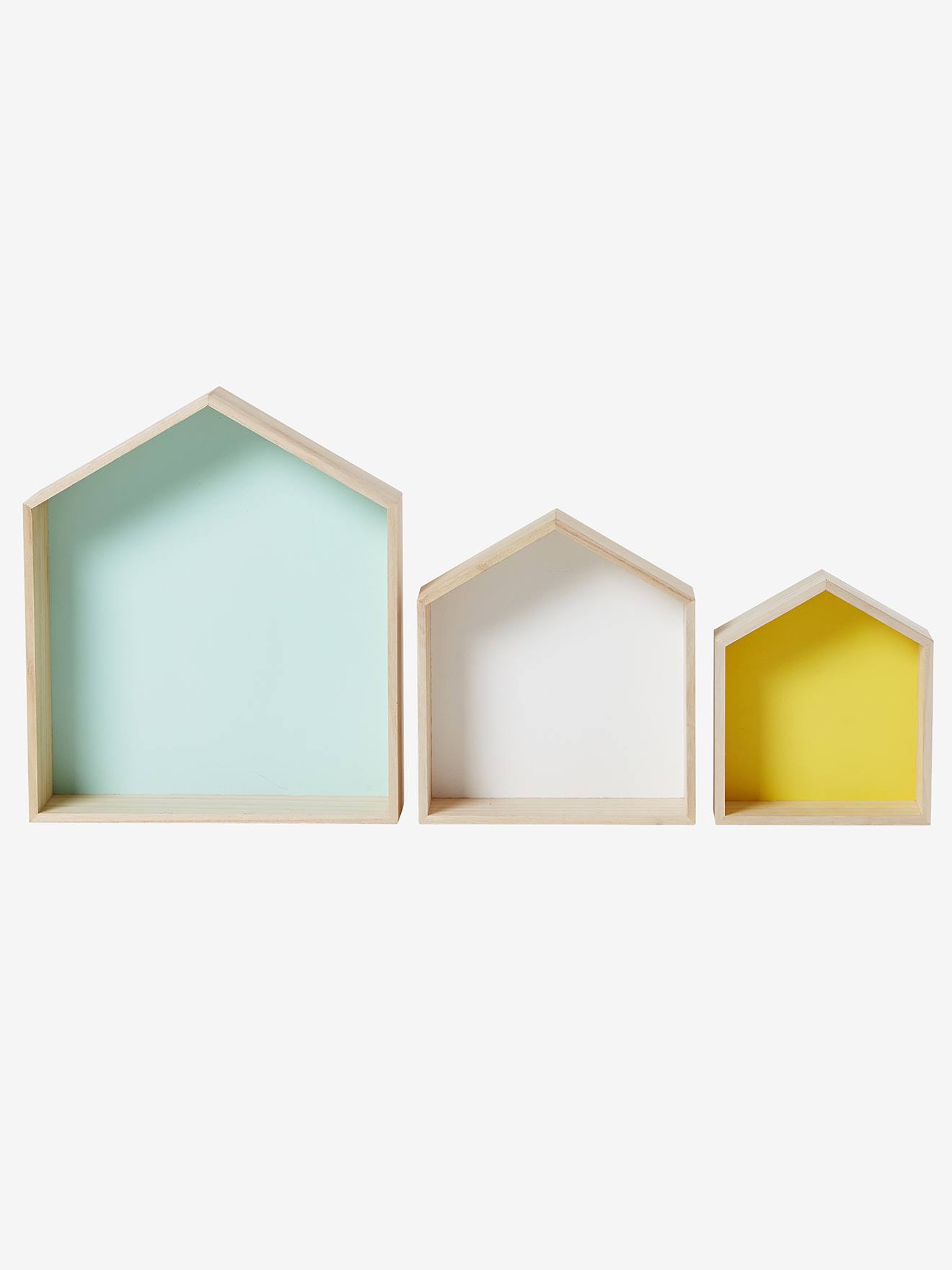 Conjunto de 3 prateleiras de madeira multicoloridas em formato de casa.
