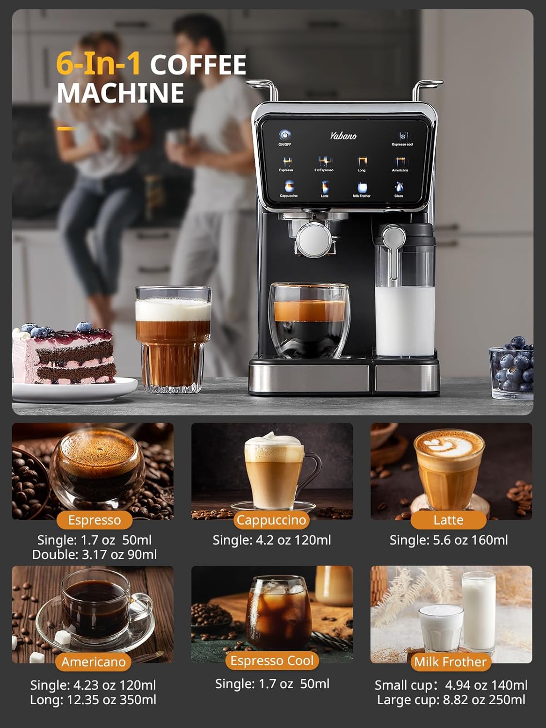 Yabano Espressomaschine Siebträgermaschine 20 Bar mit 500ML Automatischer Milchaufschäumer, 6 Getränke, Modernes Farb-Touchscreen-Display, 1.5L Wassertank, Cappuccino & Latte Kaffeemaschine, 1350W