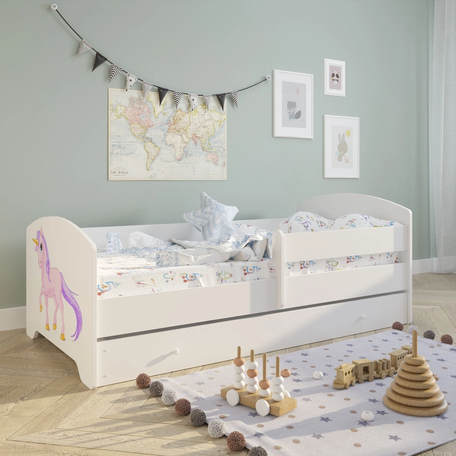 Kids Collective Kinderbett 70x140 | 80x160 cm mit Matratze und Schublade, Rausfallschutz Einhorn Motiv