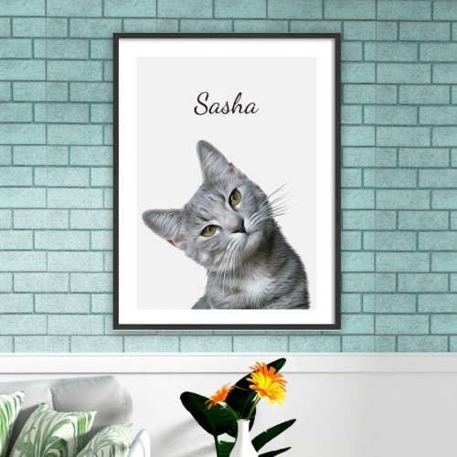 Retrato realista personalizado de animais de estimação MascoZoom, lado 1, com moldura de madeira preta.