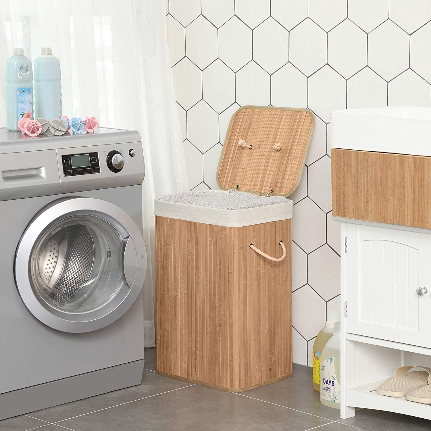 Wasmand met deksel - katoenen zak - 72 liter - 40x60x30 cm - bamboe
