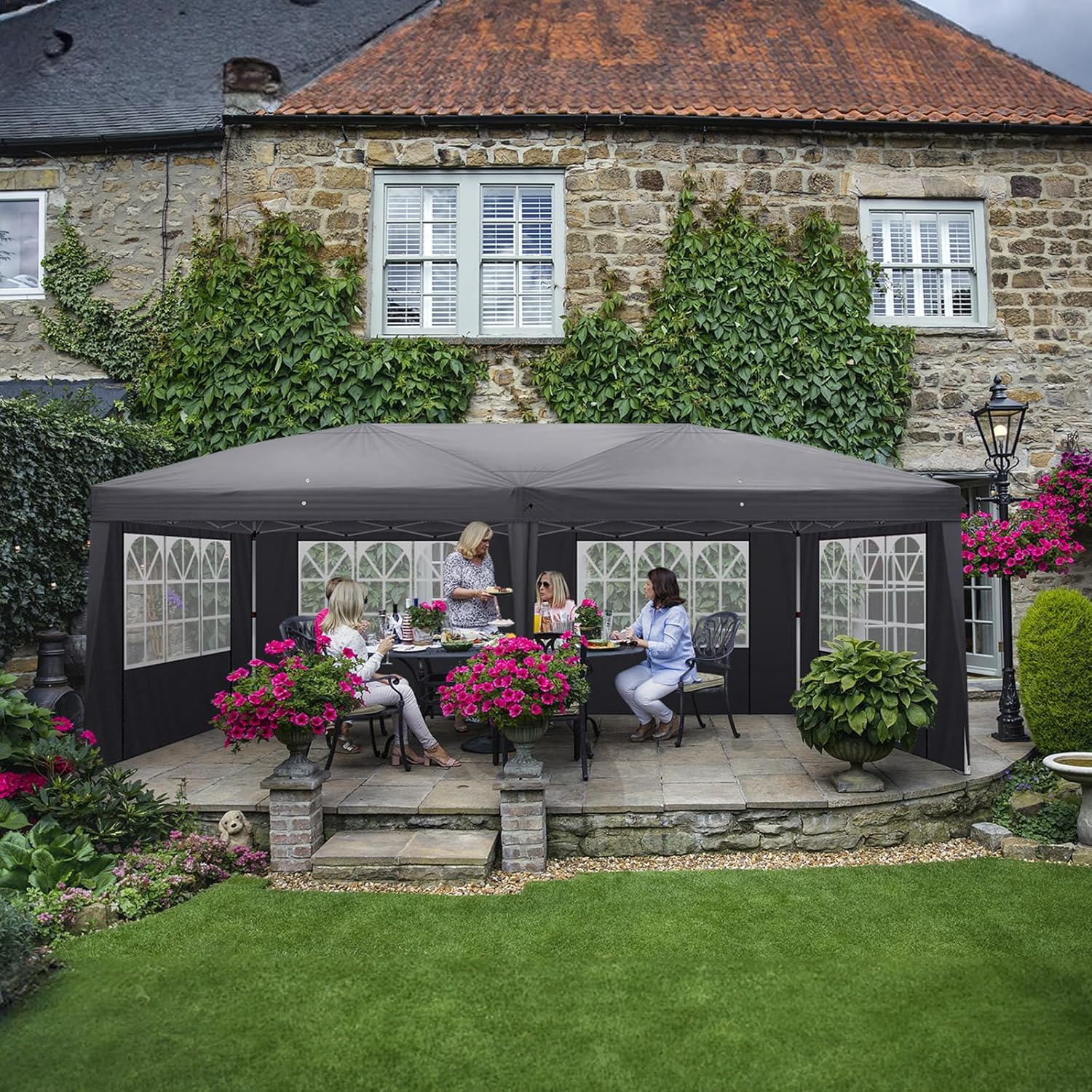 Pavillon 3x6 m,Faltpavillon,Wasserdicht Stabil Winterfest UV Schutz 50+,420D Oxford,Faltbar Höhenverstellbar,Partyzelt,Gartenzelt,Für Garten Camping,Outdoor,Grau,6 Seitenteilen