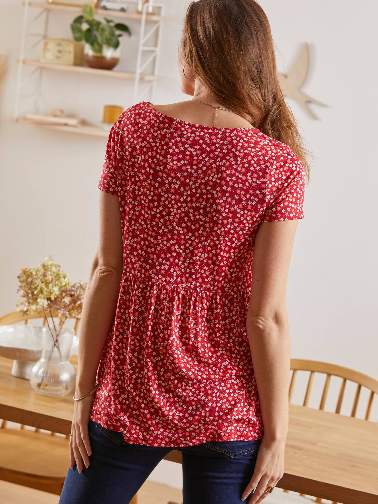 Blusa de maternidade e amamentação vermelha estampada tamanho médio