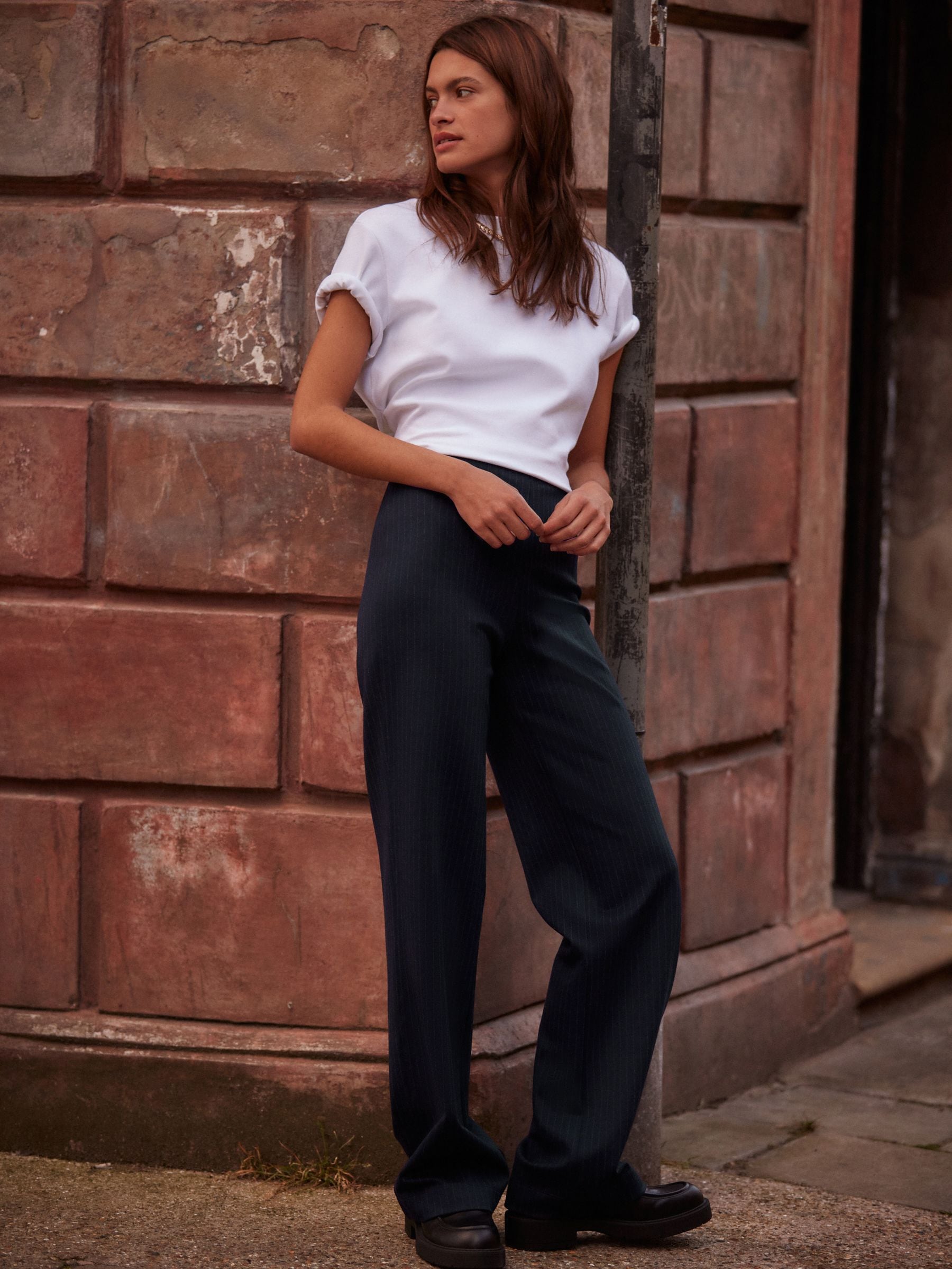 Marineblauwe krijtstreep - Smoothing Ponte Jersey Broek met Wijde Pijpen