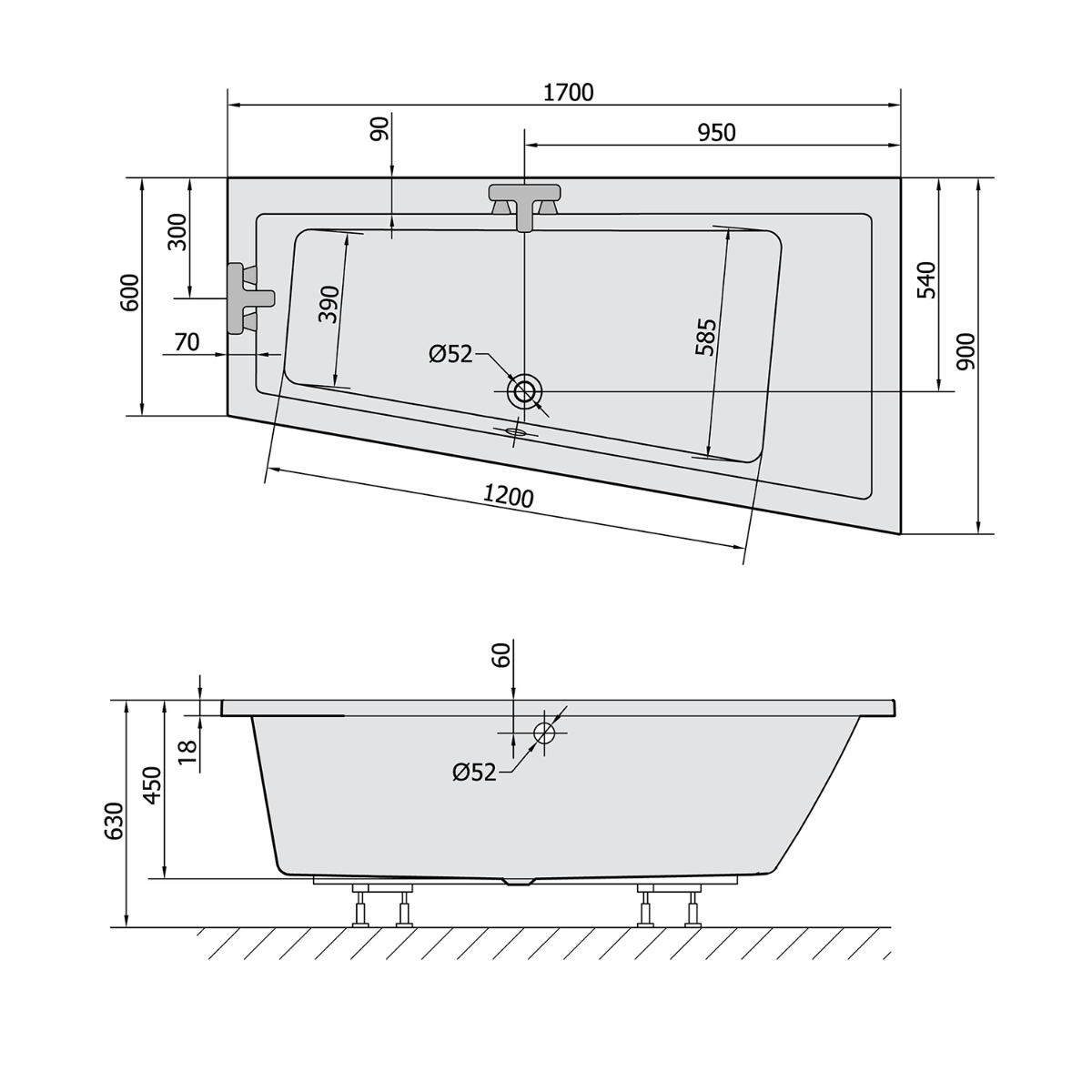 Polysan Andra Slim asymmetrisch bad rechts 170x90x45cm wit