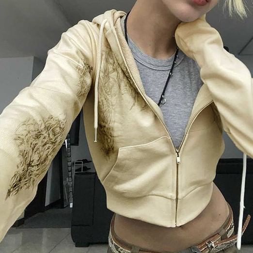Bolgivy - Sweatshirt met lange mouwen en schilderprint, rits en cropped hoodie