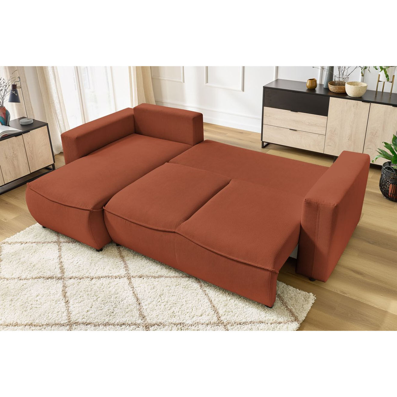 Bobochic Canapé d'angle gauche convertible coffre jasmin velours côtelé orange - 256x158x90 cm