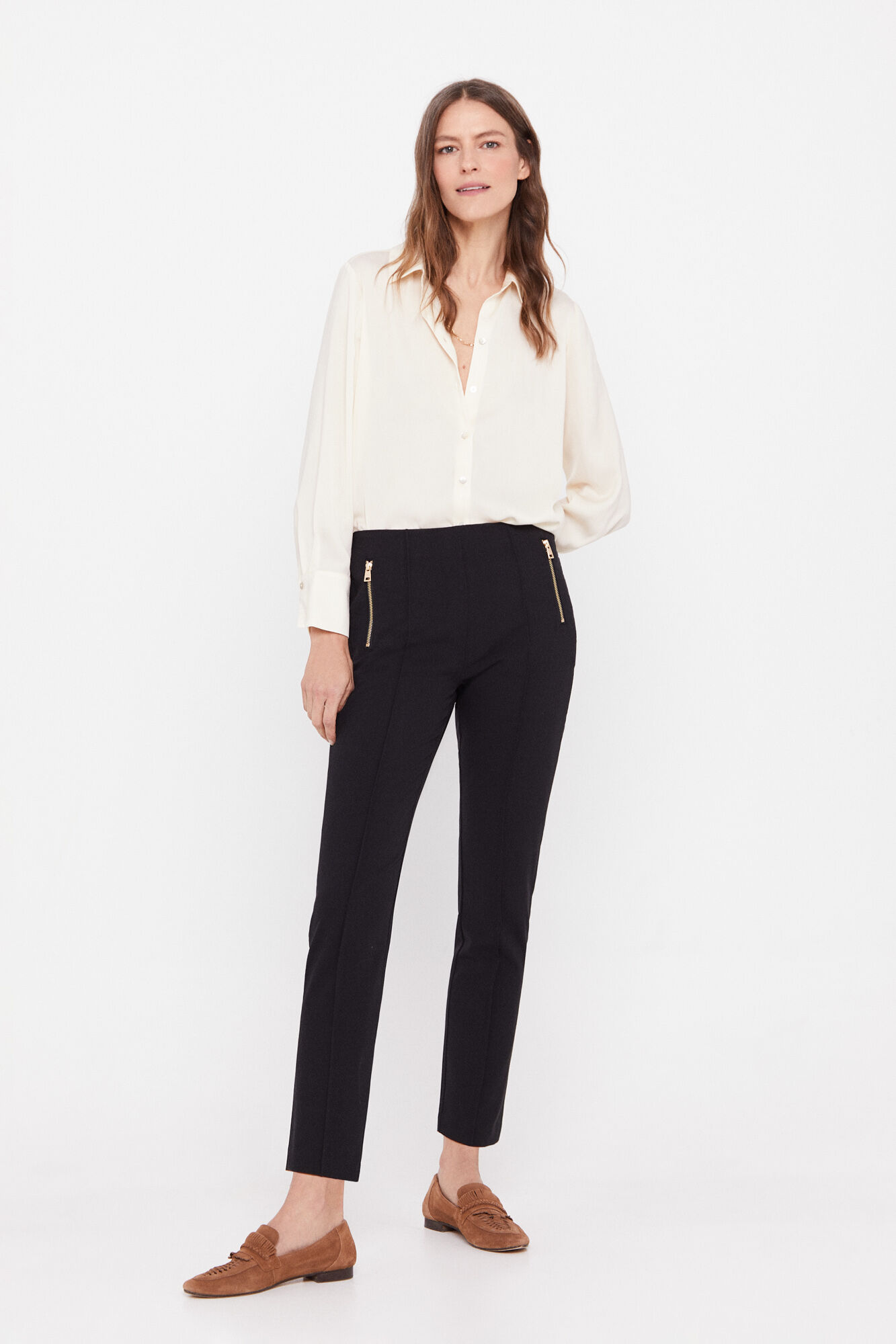 Calça pantalona corte skinny - Negro