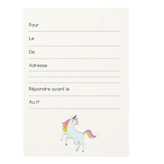 6 cartes d'invitation Licorne