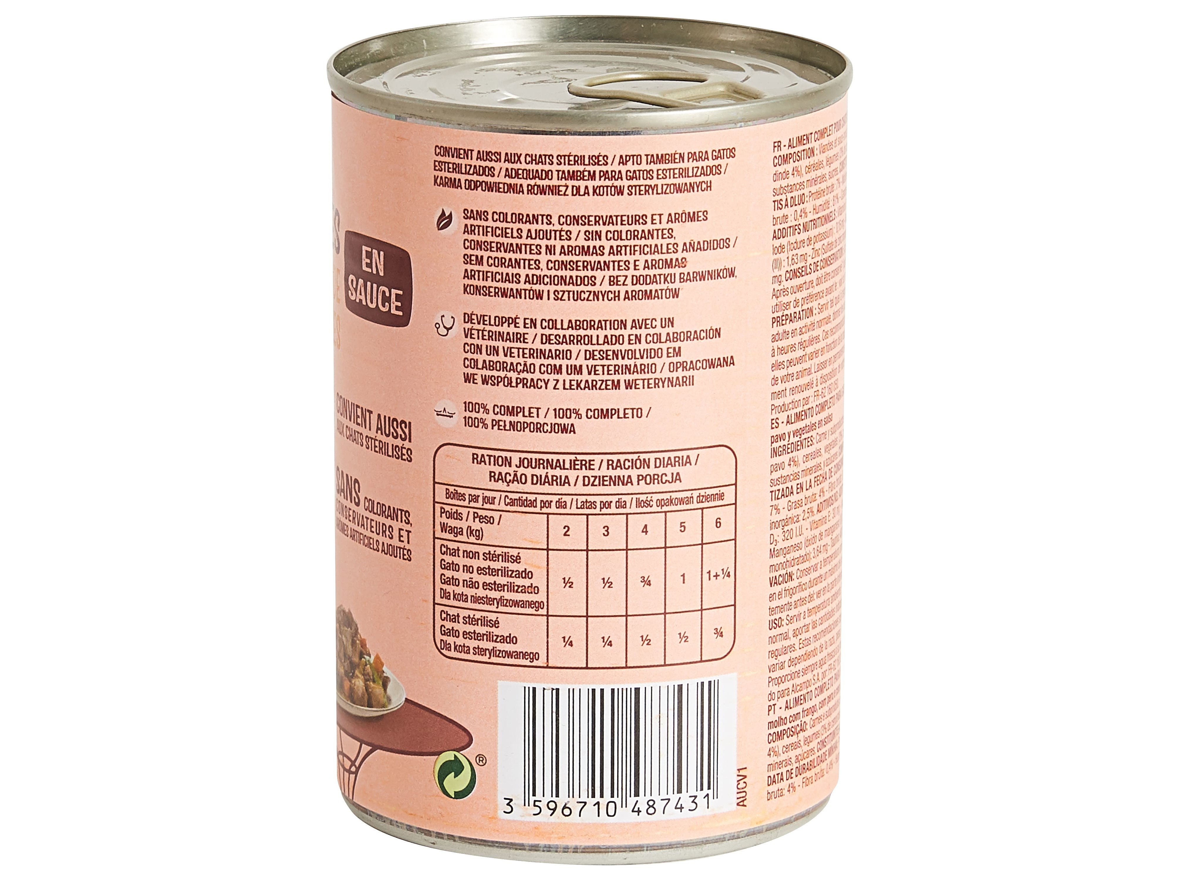 COMIDA HÚMIDA PARA GATO AUCHAN PEDAÇOS EM MOLHO COM FRANGO COM PERU E COM LEGUMES 400G