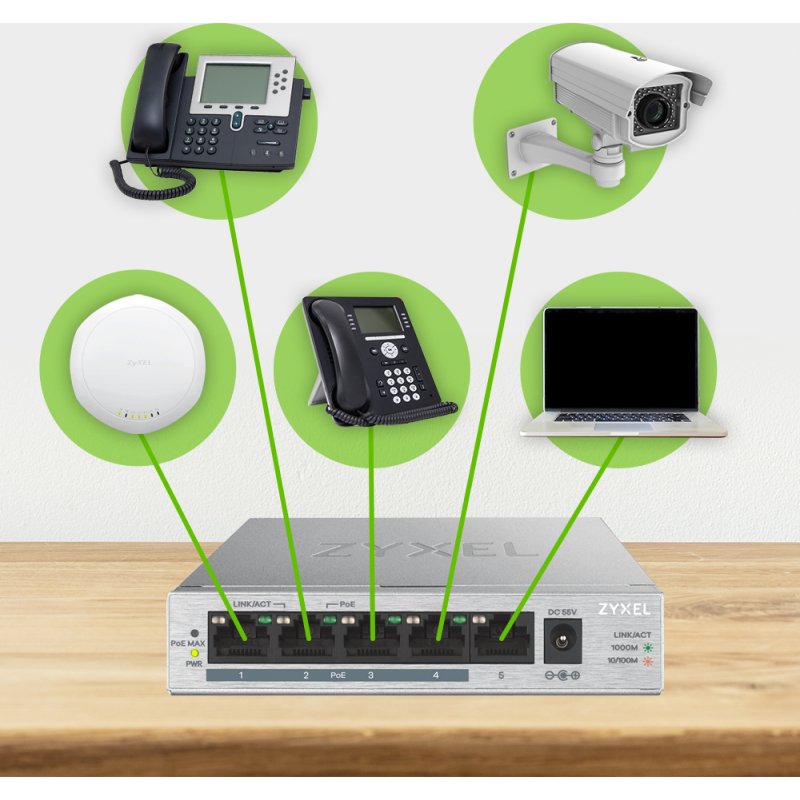 Zyxel GS1005HP Non-géré Gigabit Ethernet (10/100/1000) Connexion Ethernet, supportant l'alimentation via ce port (PoE) Argent