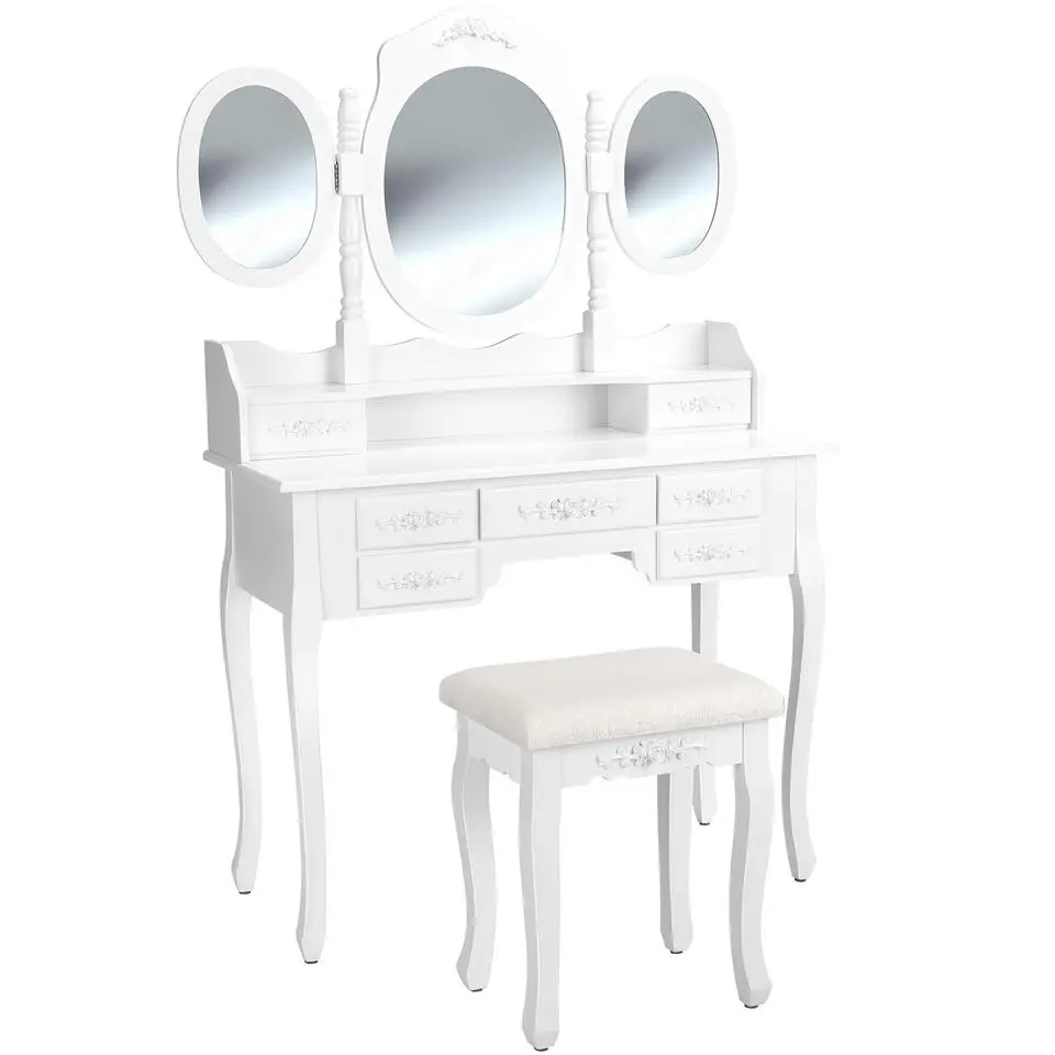 tectake Makeup-tafel met 7 lades, spiegel en hocker in antieke look, Wit