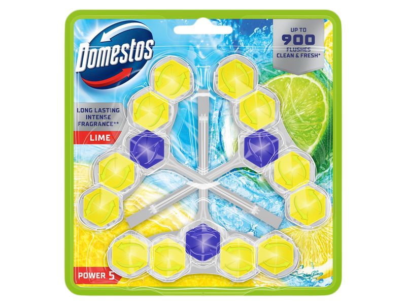 Domestos WC-Reiniger Power 5 WC Stein Limette 3 Stück Einhänger für die Toilette für hygienische Reinheit