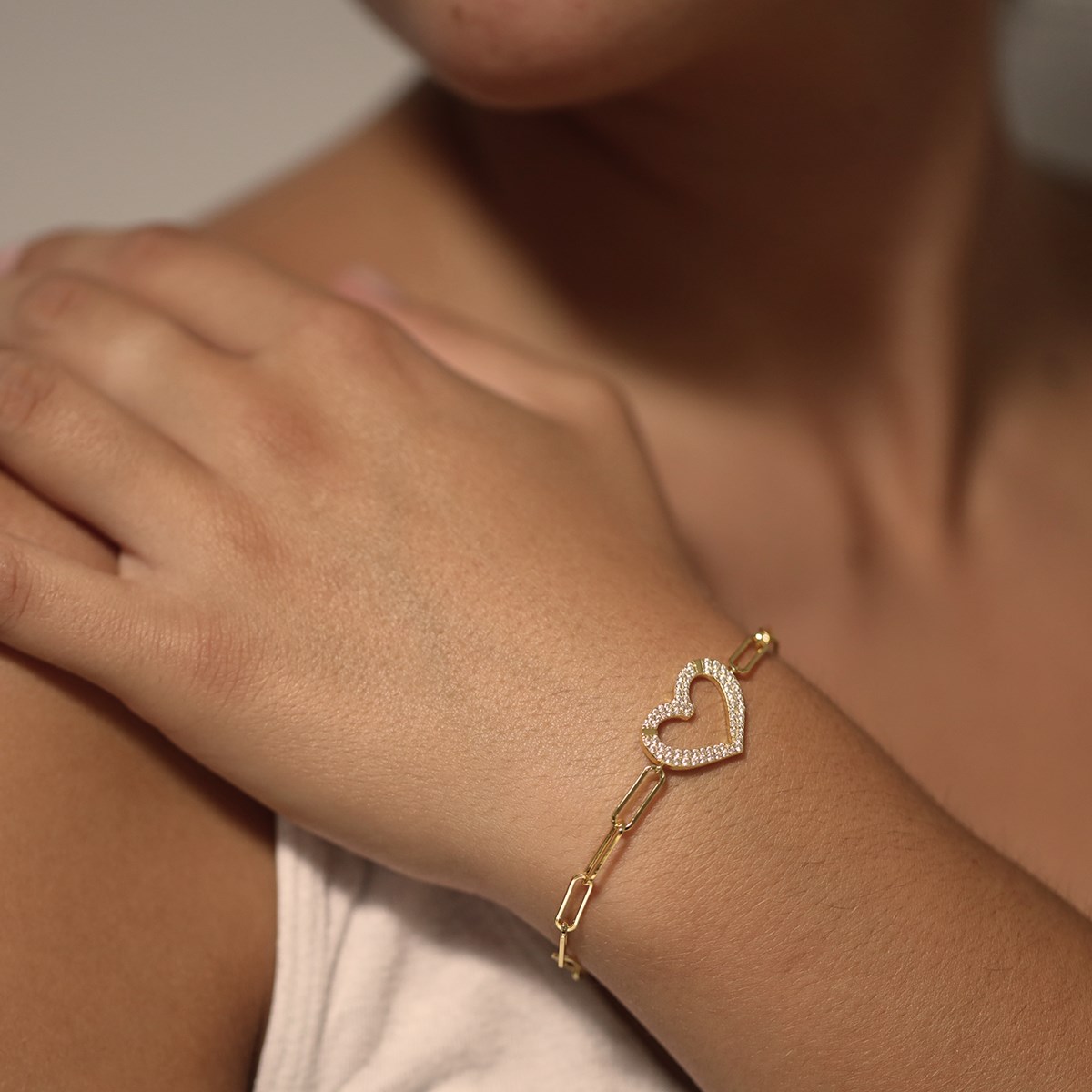 Bracelet Chaine Argent Coeur Serti De Zirconiums Blancs