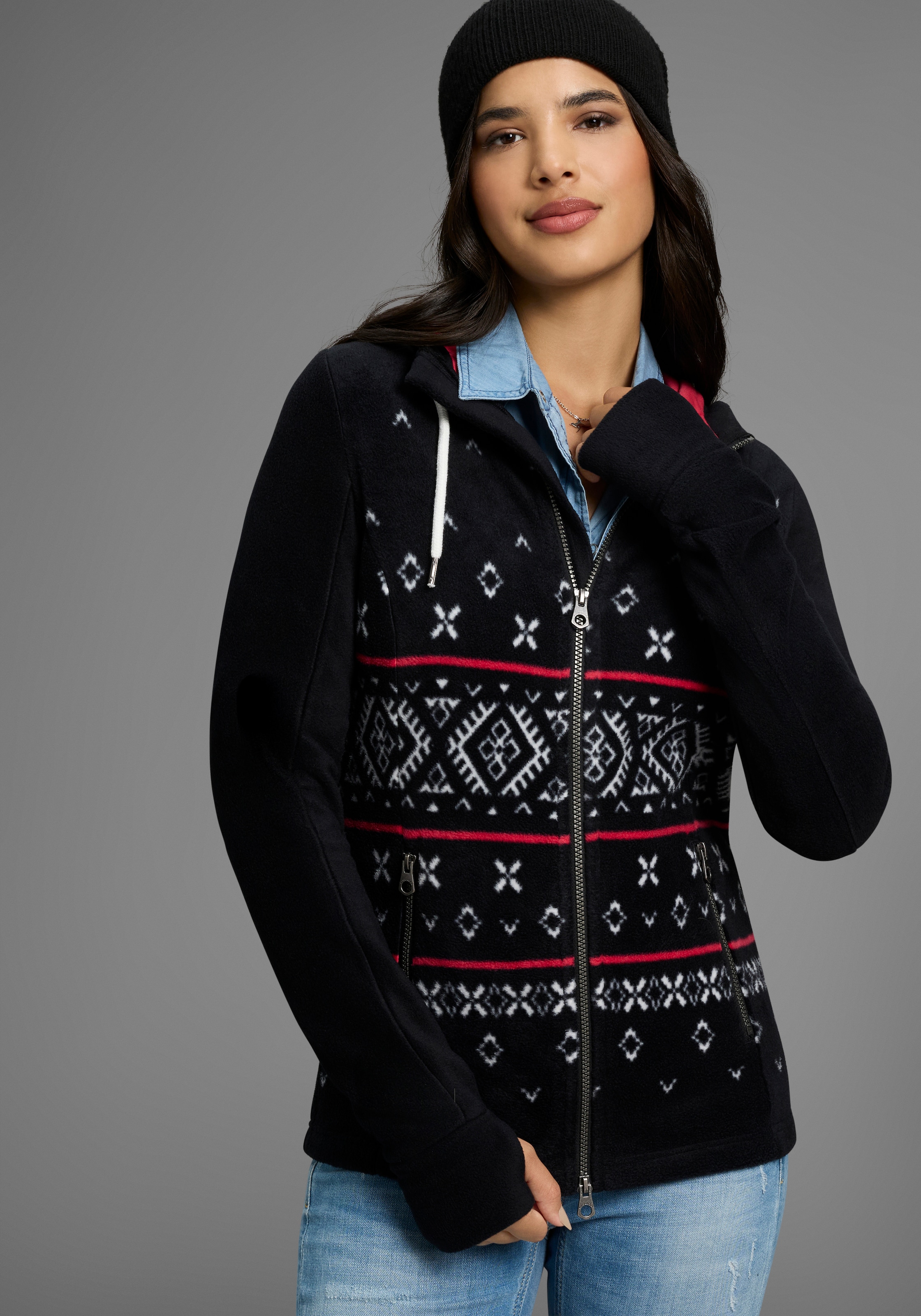 KangaROOS Fleecejacke mit Kapuze mit Norweger Muster und Kapuze