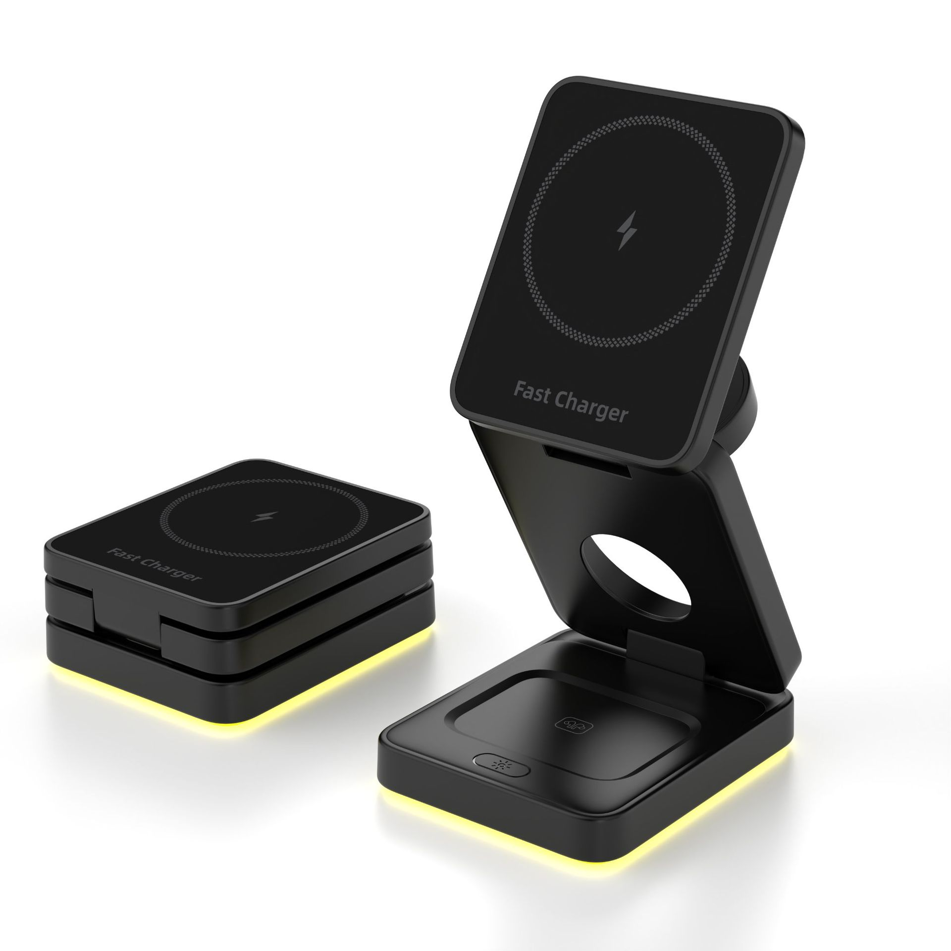 (15W) 3in1 MagSafe Qi Wireless Fast Charger Ladegerät Faltbare Ladestation mit LED Beleuchtung - Schwarz