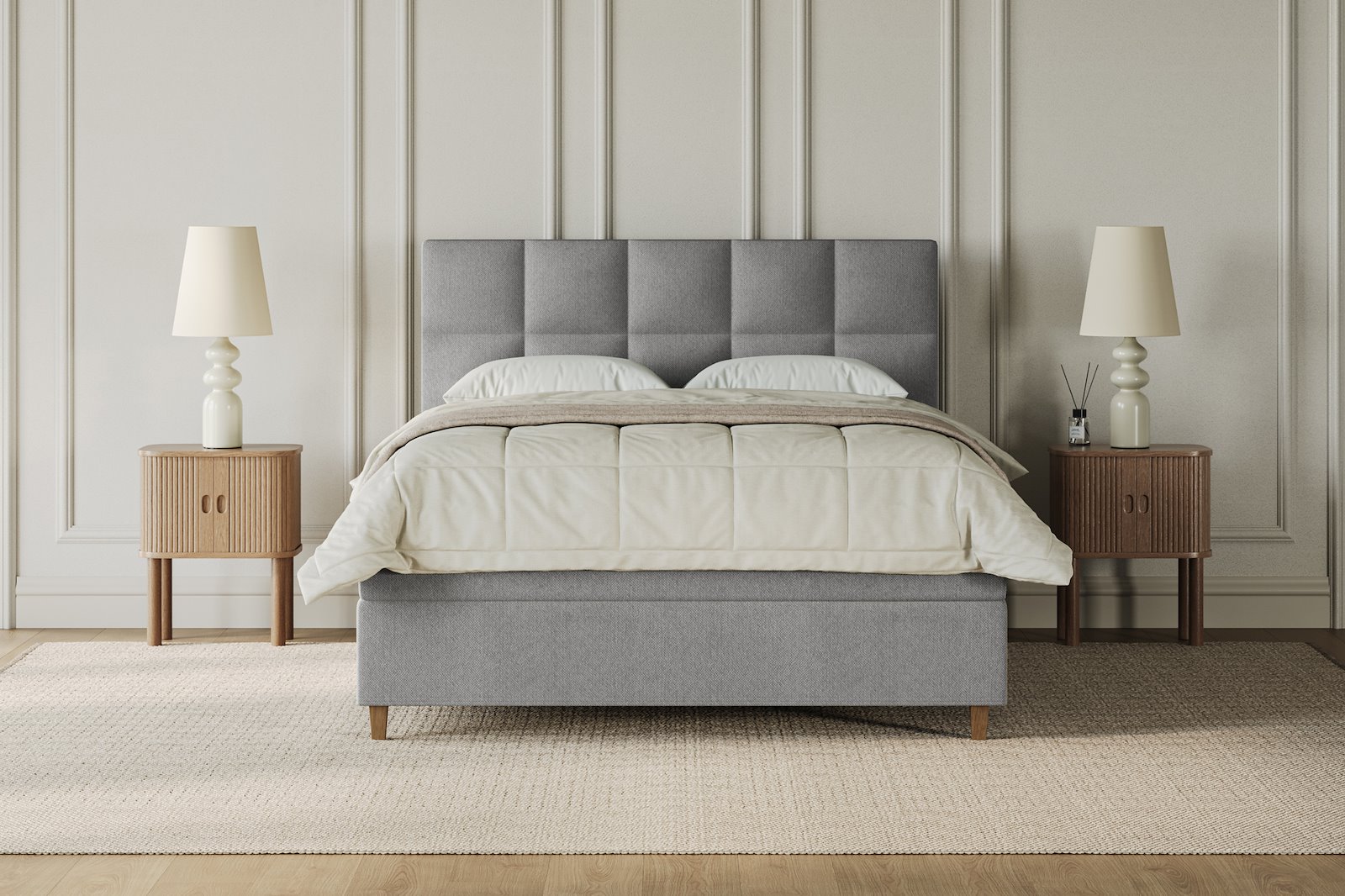 XOV Venus Kontinentalseng 160x200 cm i tekstil Terranova 04 beige, medium/fast med Premium 15 overmadrass og sort firkantede ben, gavl selges separate