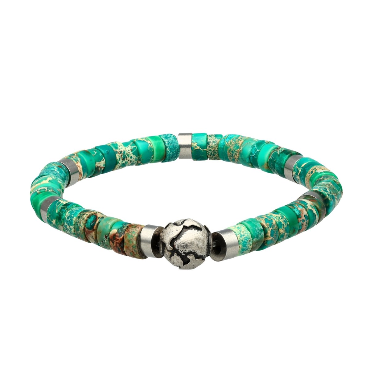 Bracelet Perles Heishi Pierres Naturelles Jaspe Impérial Vert Planète Acier-XS-14cm