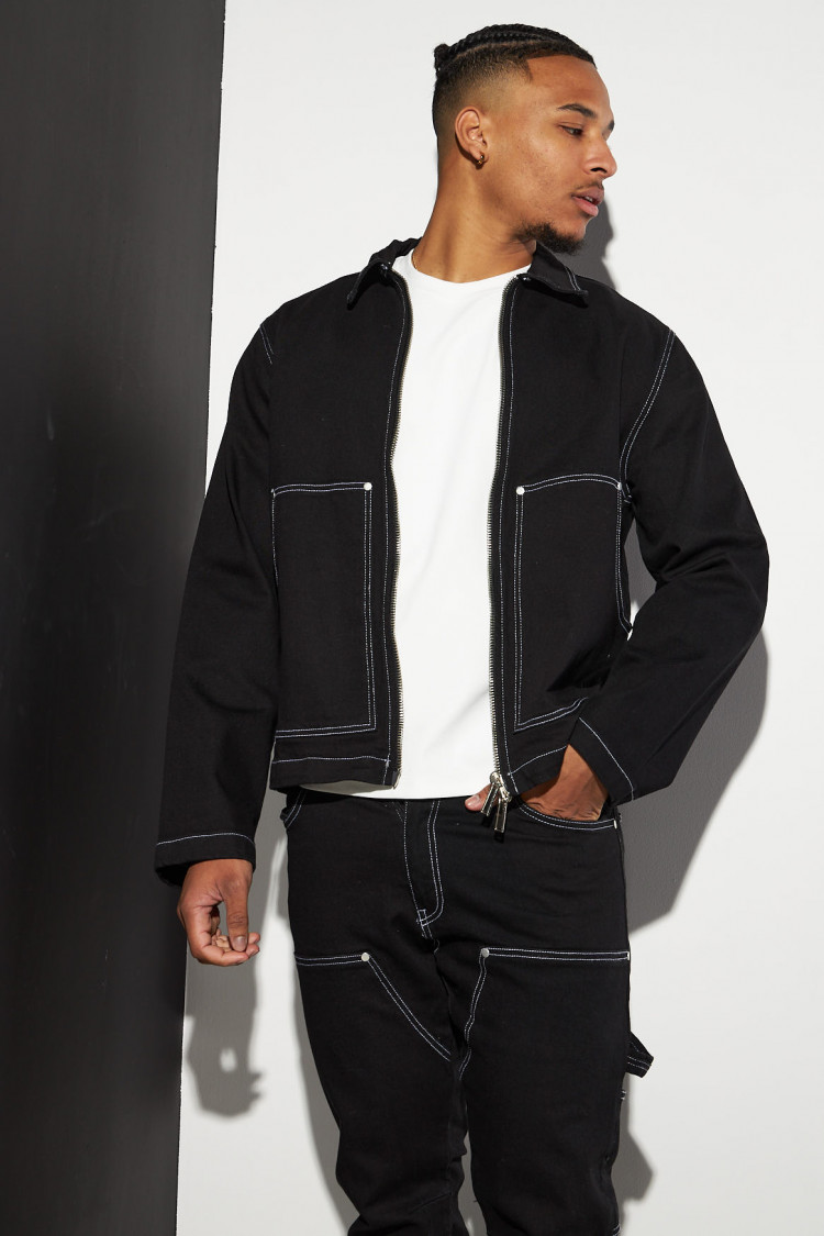 Ensemble 2 pièces veste zippée + jean cargo noir à coutures
